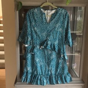 Teal polka dot 3/4 sleeve dress